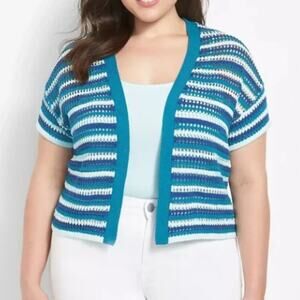 Lane Bryant Short Sleeve Open Front Cardigan Sweater Blue White Stripe 22/24 EUC